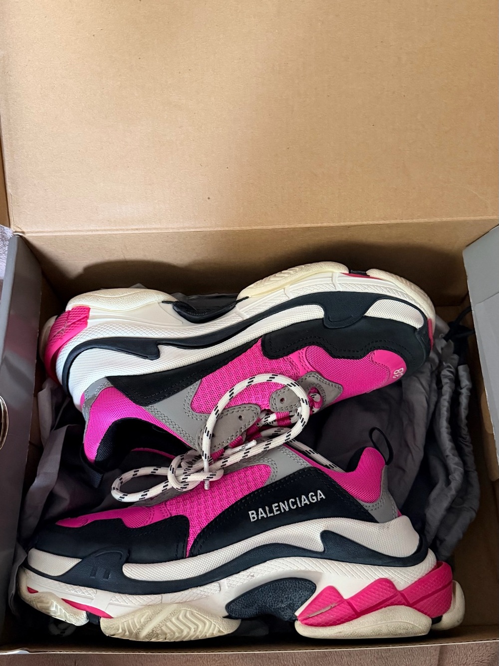 Balenciaga Triple S Low Top Sneakers in Hot Pink, Black & White